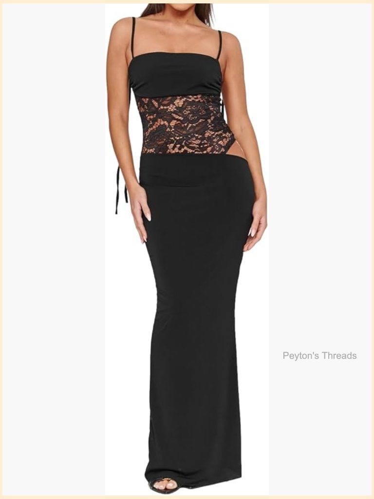 Lace Splicing Cutout Maxi Dress Square Neck Sleeveless Bodycon